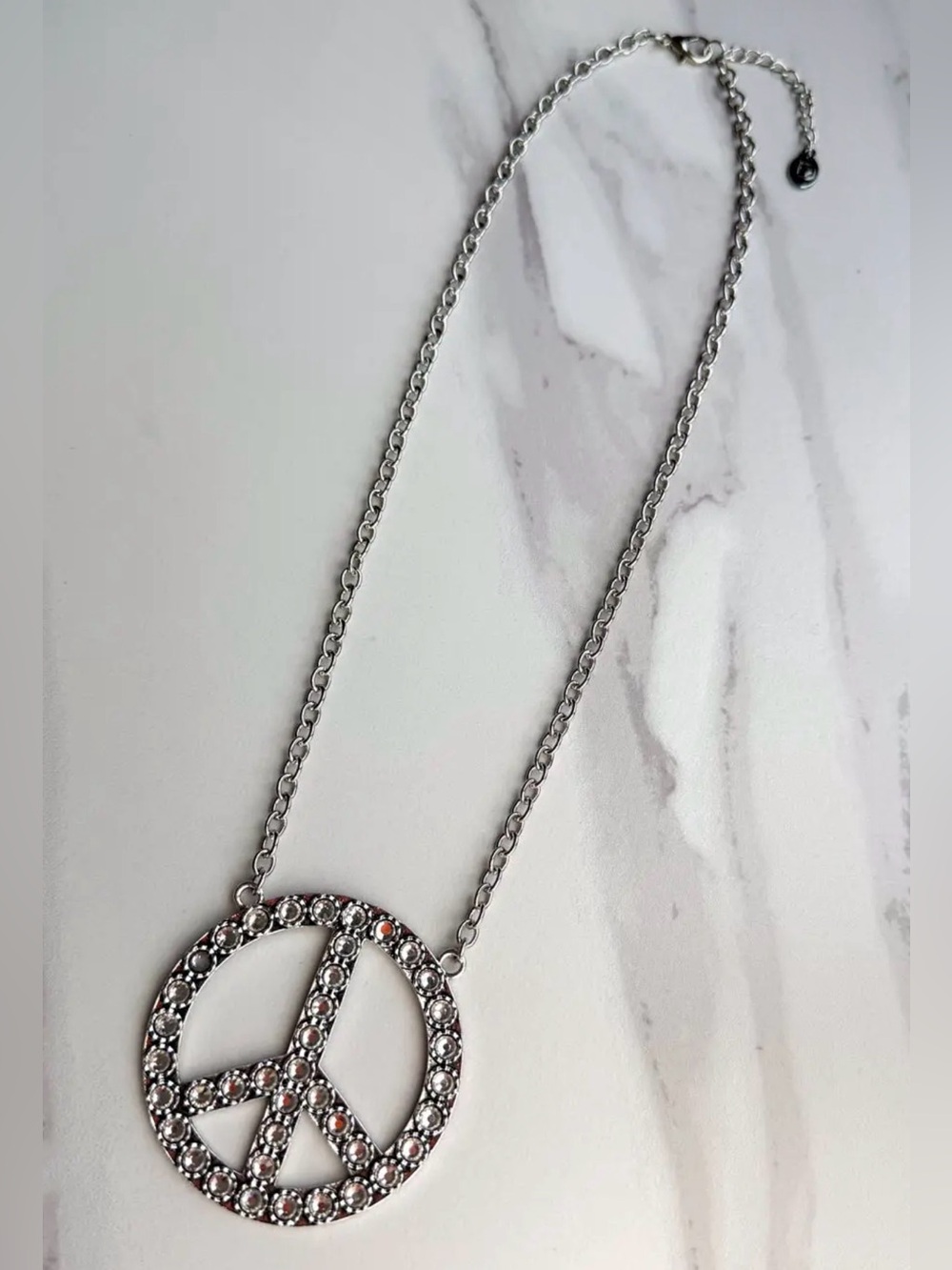 Blaze Rhinestone Silver Peace Sign Pendant Necklace